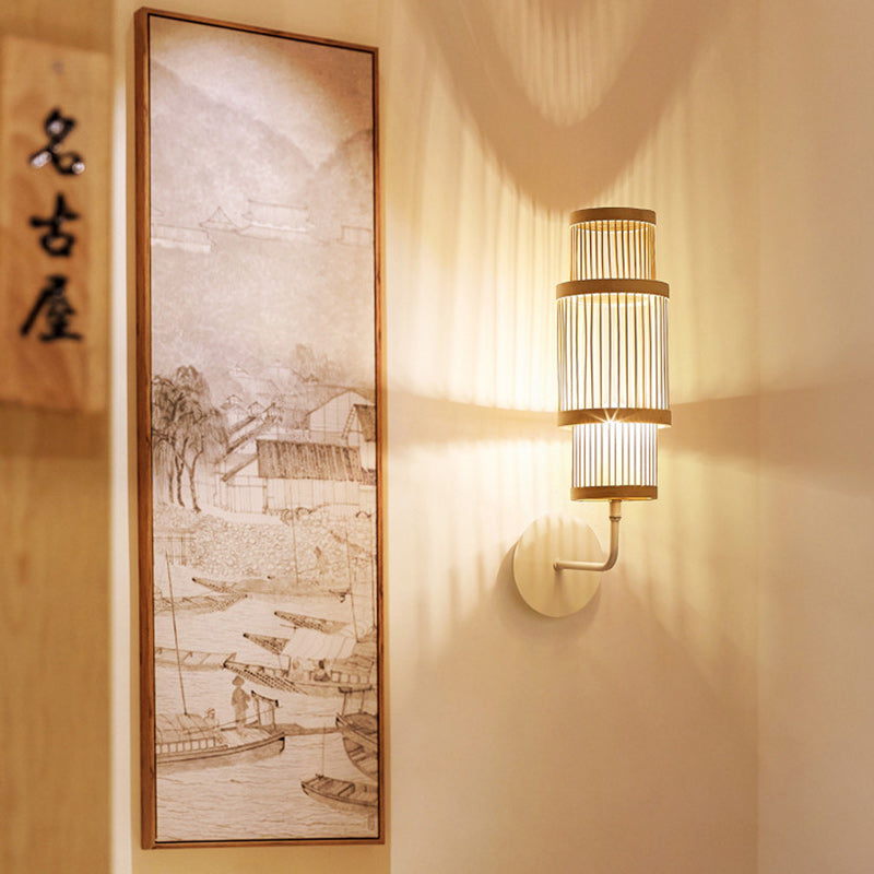 Applique murale 1 lumière avec abat-jour en bambou tissé traditionnel japonais pour salon 