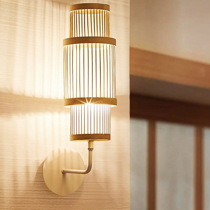 Applique murale 1 lumière avec abat-jour en bambou tissé traditionnel japonais pour salon 