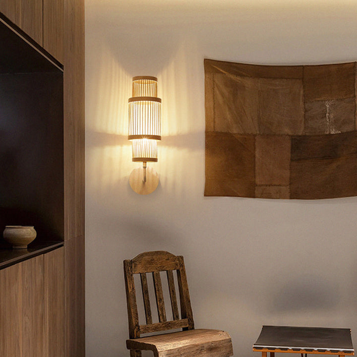 Applique murale 1 lumière avec abat-jour en bambou tissé traditionnel japonais pour salon 