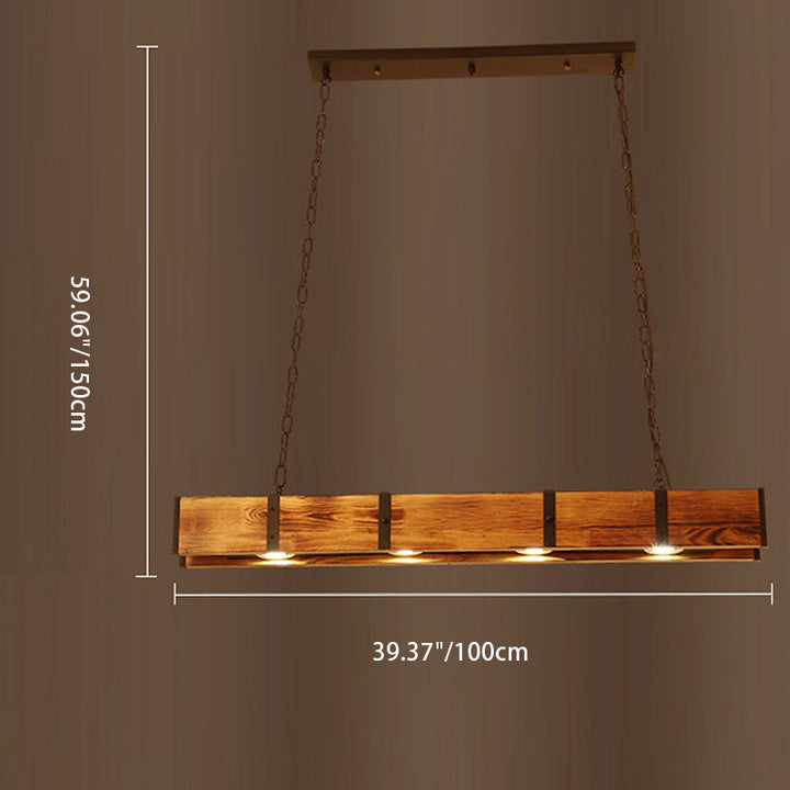 Traditioneller rustikaler langer Streifen-Holz-Eisen-Scheinwerfer LED-Insel-Licht-Kronleuchter für Esszimmer 