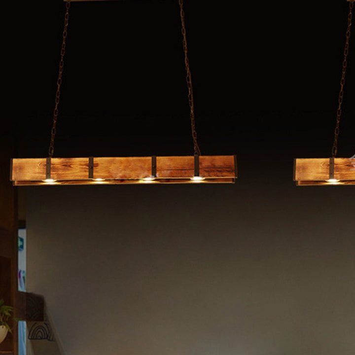 Traditioneller rustikaler langer Streifen-Holz-Eisen-Scheinwerfer LED-Insel-Licht-Kronleuchter für Esszimmer 