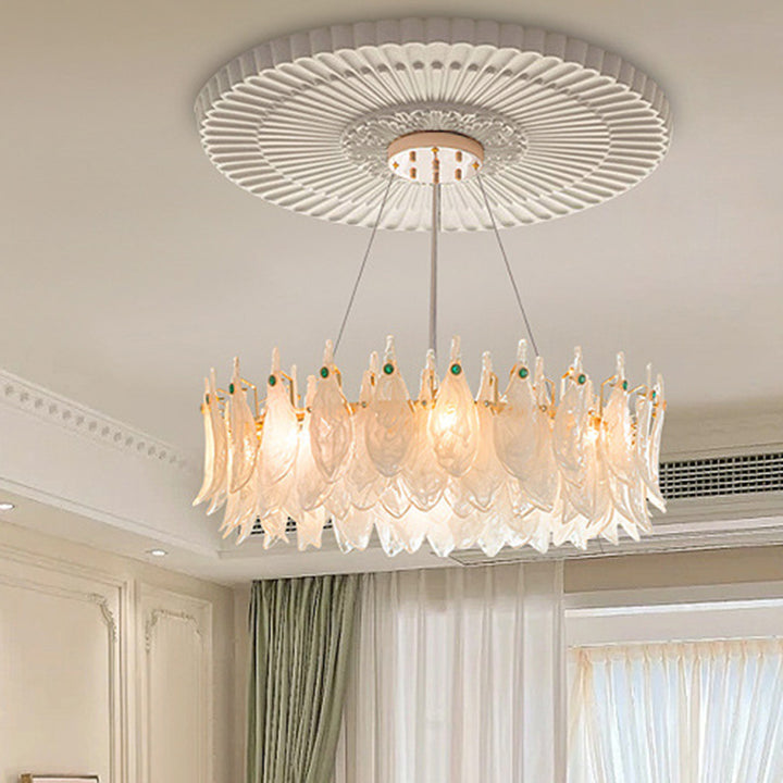 Lámpara de Araña de 5/6/8 Luces con Decoración de Piedras Preciosas y Pantalla de Hojas de Vidrio Nublado de Hierro Tradicional Francés para Sala de Estar 