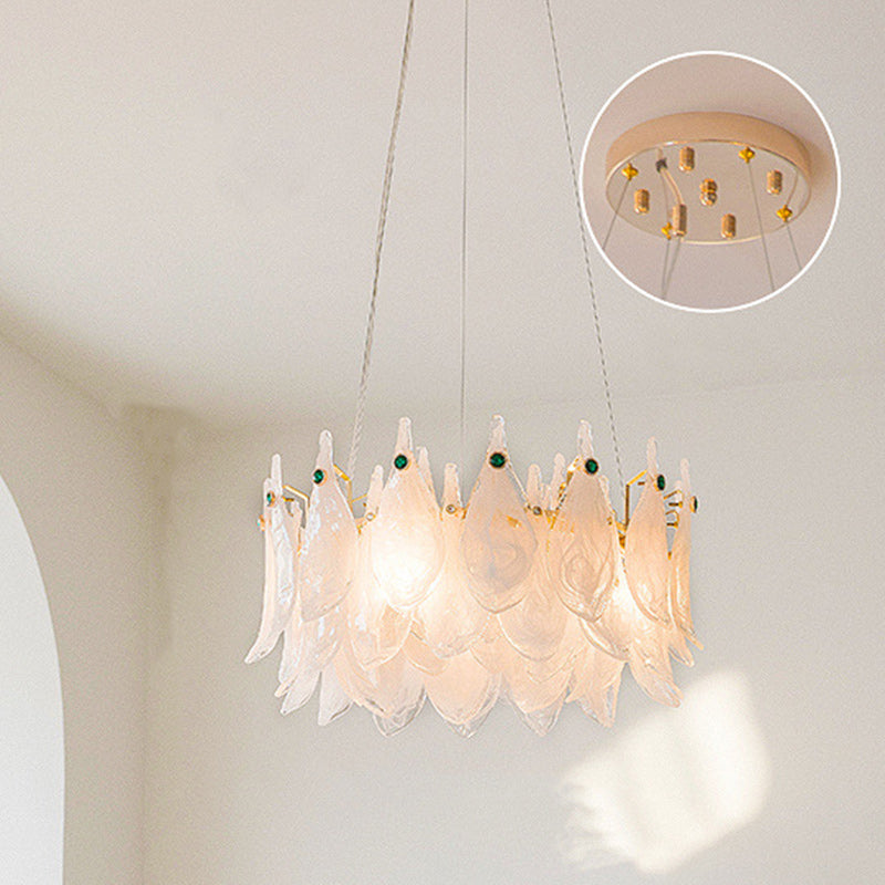 Lámpara de Araña de 5/6/8 Luces con Decoración de Piedras Preciosas y Pantalla de Hojas de Vidrio Nublado de Hierro Tradicional Francés para Sala de Estar 