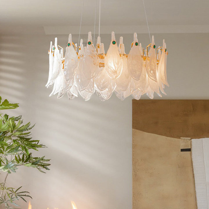 Lámpara de Araña de 5/6/8 Luces con Decoración de Piedras Preciosas y Pantalla de Hojas de Vidrio Nublado de Hierro Tradicional Francés para Sala de Estar 