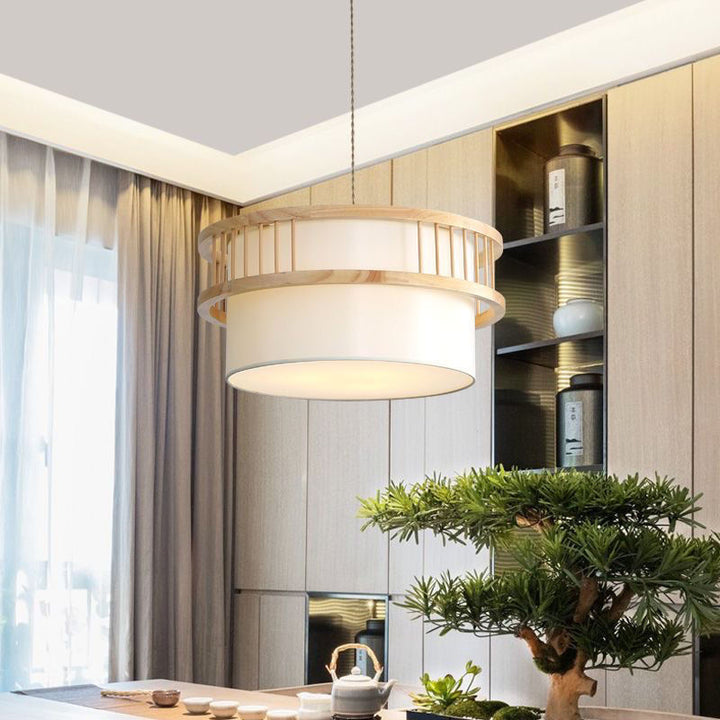 Pantalla redonda de tela de madera japonesa tradicional 1/4-luz candelabro para comedor 
