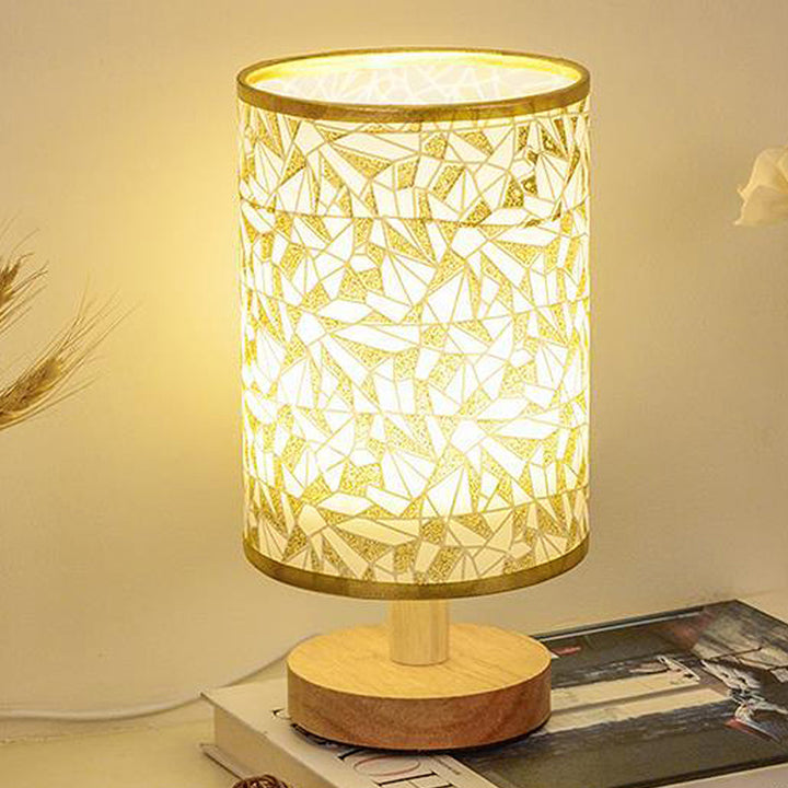 Traditional Vintage Fabric Cylinder Shade Wood Base USB LED Table Lamp For Bedroom