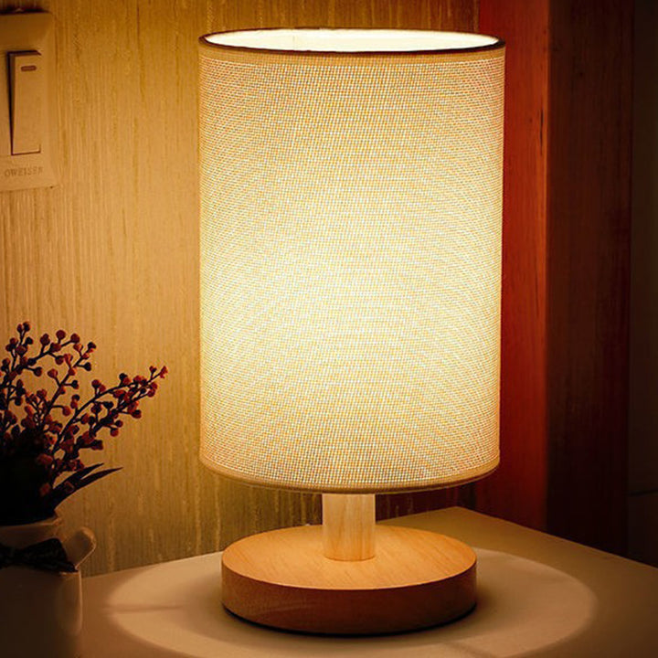 Traditional Vintage Fabric Cylinder Shade Wood Base USB LED Table Lamp For Bedroom