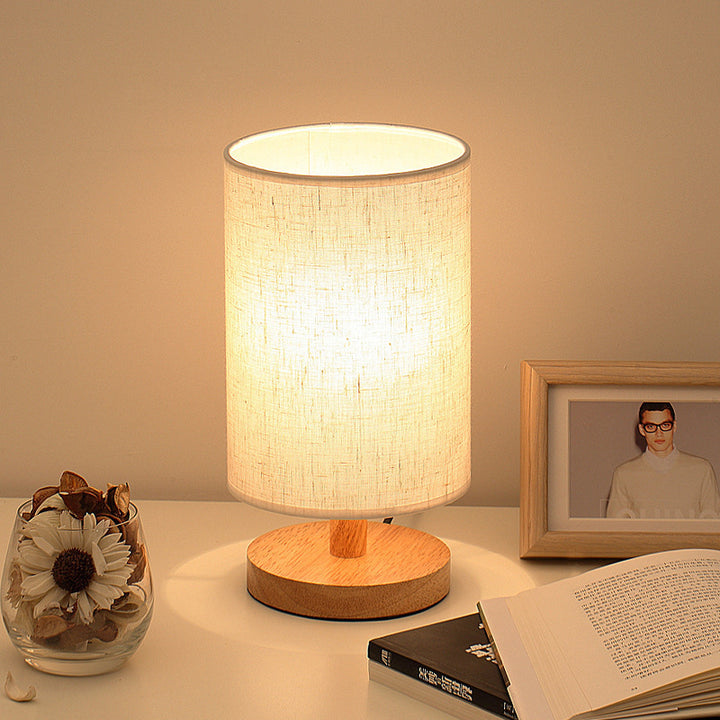 Traditional Vintage Fabric Cylinder Shade Wood Base USB LED Table Lamp For Bedroom