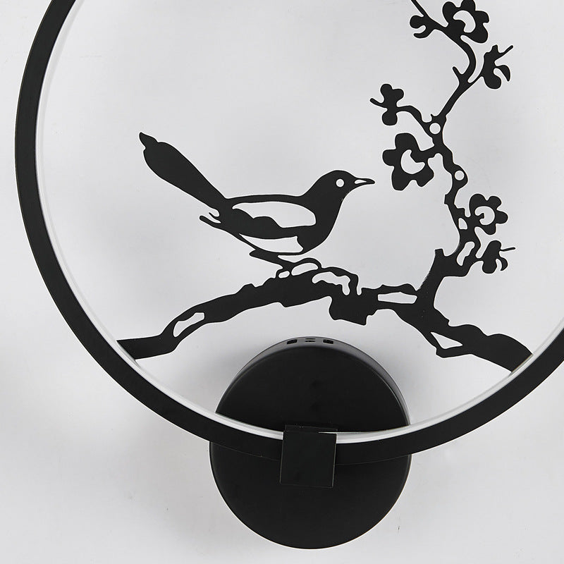 Applique murale LED ronde en acrylique en forme de feuille de lotus et de pie chinoise traditionnelle pour chambre 