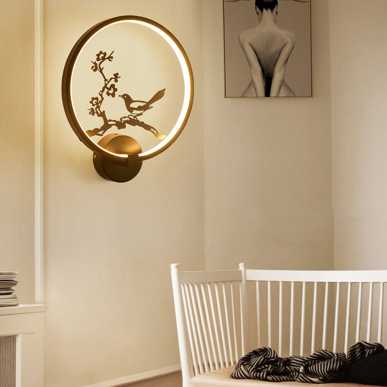 Traditionelle chinesische Elster Lotusblatt Acryl Runde LED Wandleuchte Lampe für Schlafzimmer 