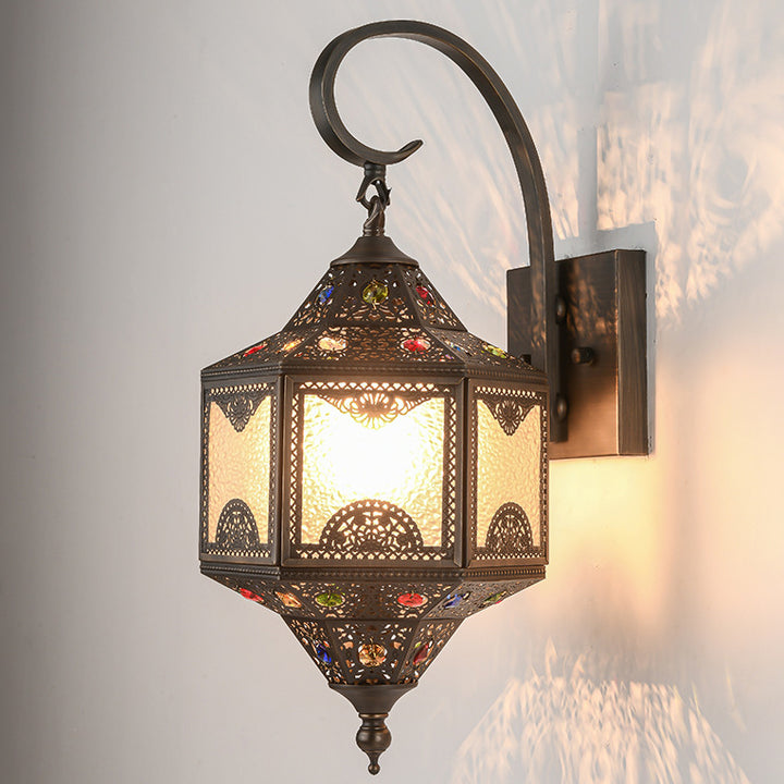 Traditional Vintage Hollow Carved Brass Frame Water Ripple Glass Shade 1-Light Wall Sconce Lamp For Dining Room