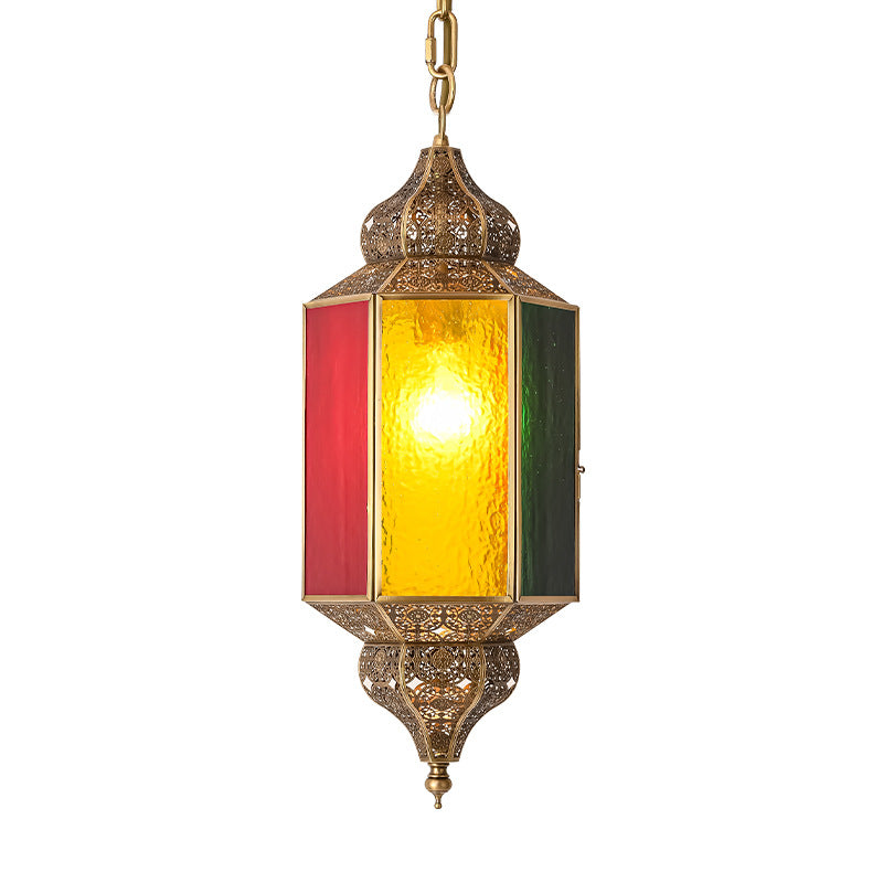 Traditionelle Vintage-Pendelleuchte aus Buntglas und hohlgeschnitztem Messing mit 1 Licht für Esszimmer 
