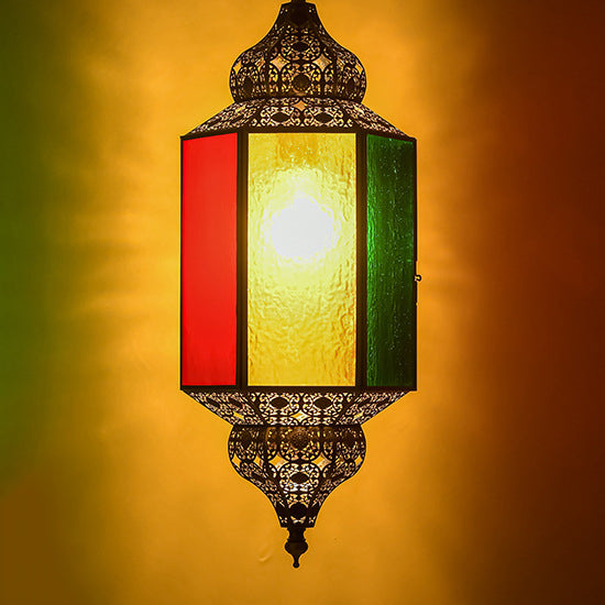 Traditionelle Vintage-Pendelleuchte aus Buntglas und hohlgeschnitztem Messing mit 1 Licht für Esszimmer 