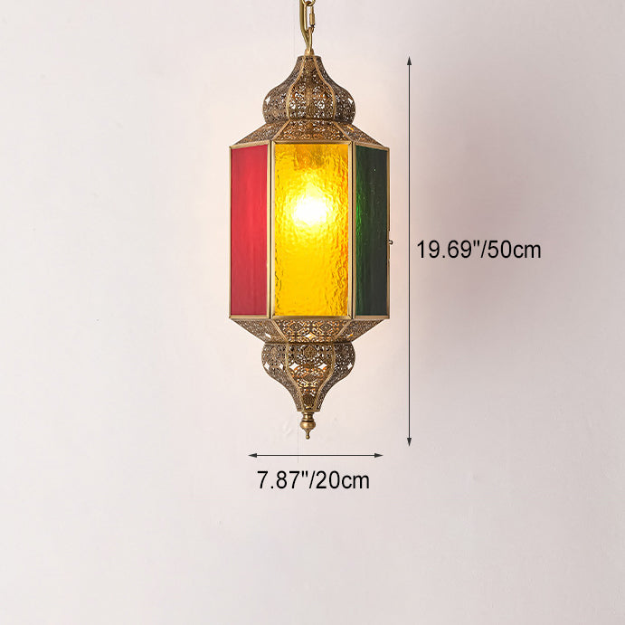 Traditionelle Vintage-Pendelleuchte aus Buntglas und hohlgeschnitztem Messing mit 1 Licht für Esszimmer 