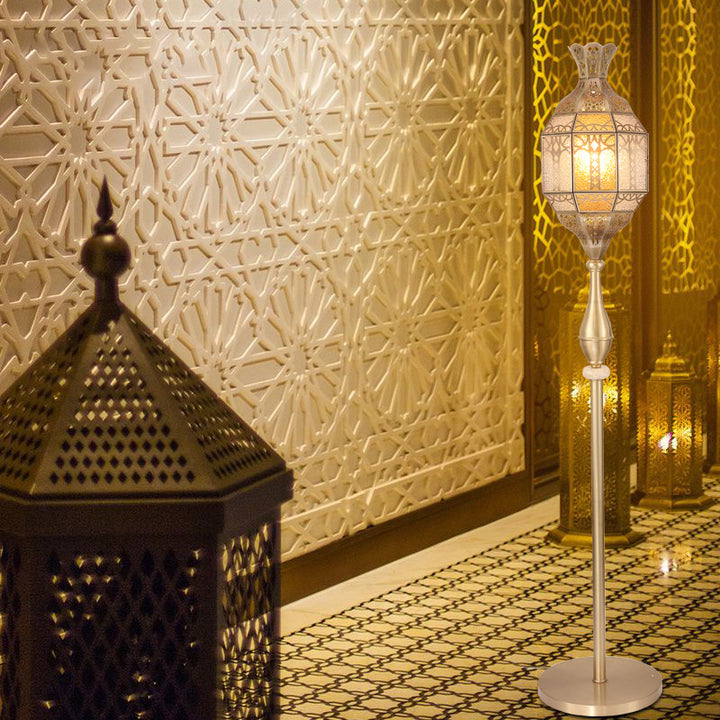 Traditional Vintage Hollow Antique Brass Glass 1-Light Standing Floor Lamp For Dining Room