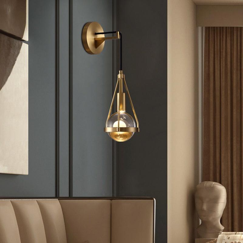 Contemporary Luxury Shiny Raindrop Crystal Shade Brushed Brass Frame 1-Light Wall Sconce Lamp For Living Room