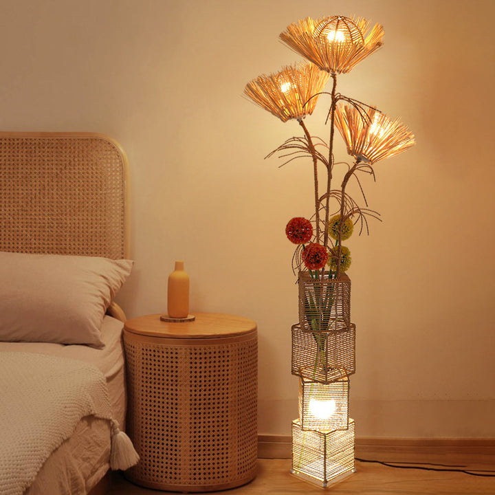 Traditionelle japanische Pflanzendekoration, Rattanweberei, quadratischer Schirm, 1-flammige Stehlampe für Wohnzimmer 