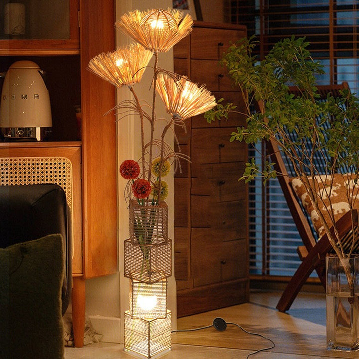 Traditionelle japanische Pflanzendekoration, Rattanweberei, quadratischer Schirm, 1-flammige Stehlampe für Wohnzimmer 