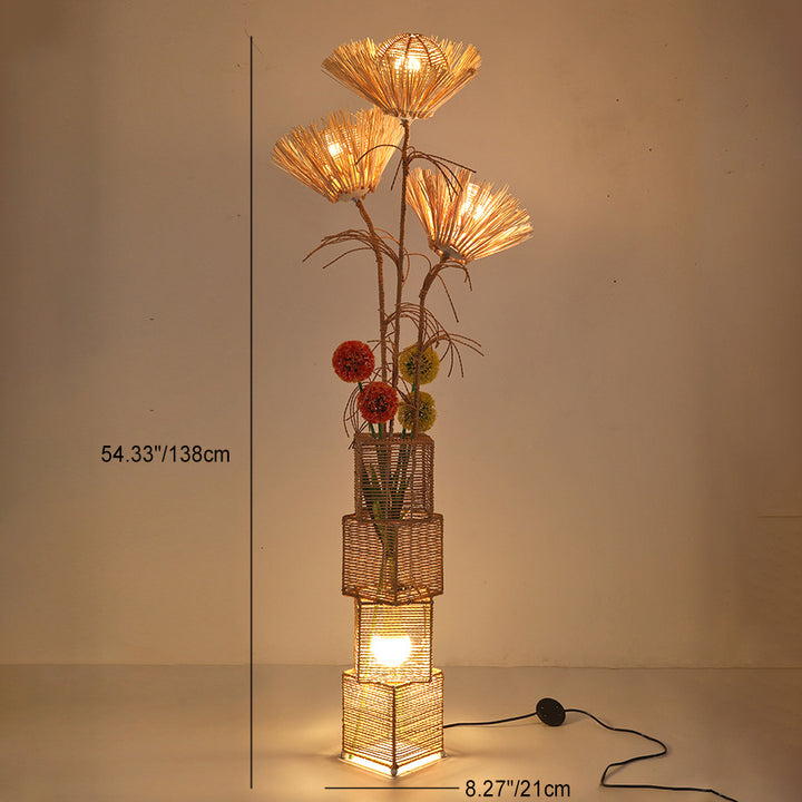 Traditionelle japanische Pflanzendekoration, Rattanweberei, quadratischer Schirm, 1-flammige Stehlampe für Wohnzimmer 