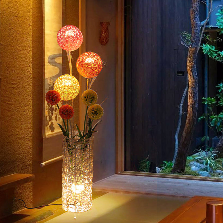 Lampe de sol traditionnelle japonaise avec abat-jour cylindrique en rotin tressé à 1 lumière pour salon 