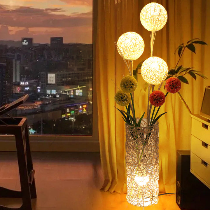 Lampe de sol traditionnelle japonaise avec abat-jour cylindrique en rotin tressé à 1 lumière pour salon 