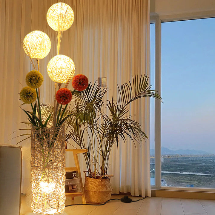 Lampe de sol traditionnelle japonaise avec abat-jour cylindrique en rotin tressé à 1 lumière pour salon 