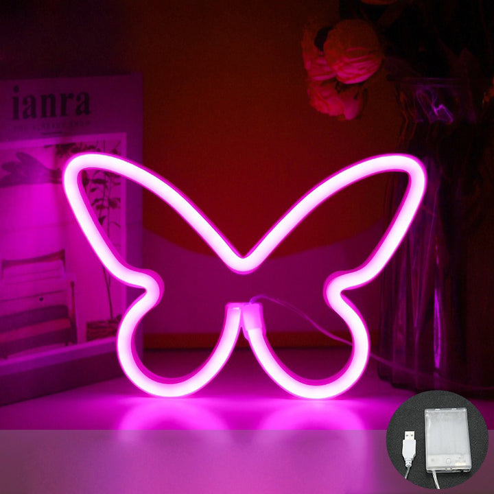 Lámpara de mesa LED con luz de neón y pantalla de mariposa Art Deco moderna para dormitorio 