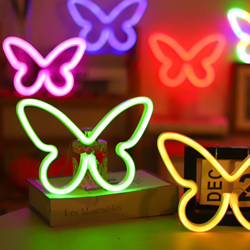 Lámpara de mesa LED con luz de neón y pantalla de mariposa Art Deco moderna para dormitorio 