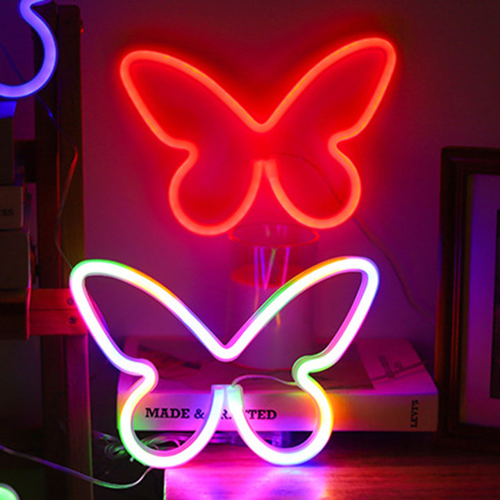 Lámpara de mesa LED con luz de neón y pantalla de mariposa Art Deco moderna para dormitorio 