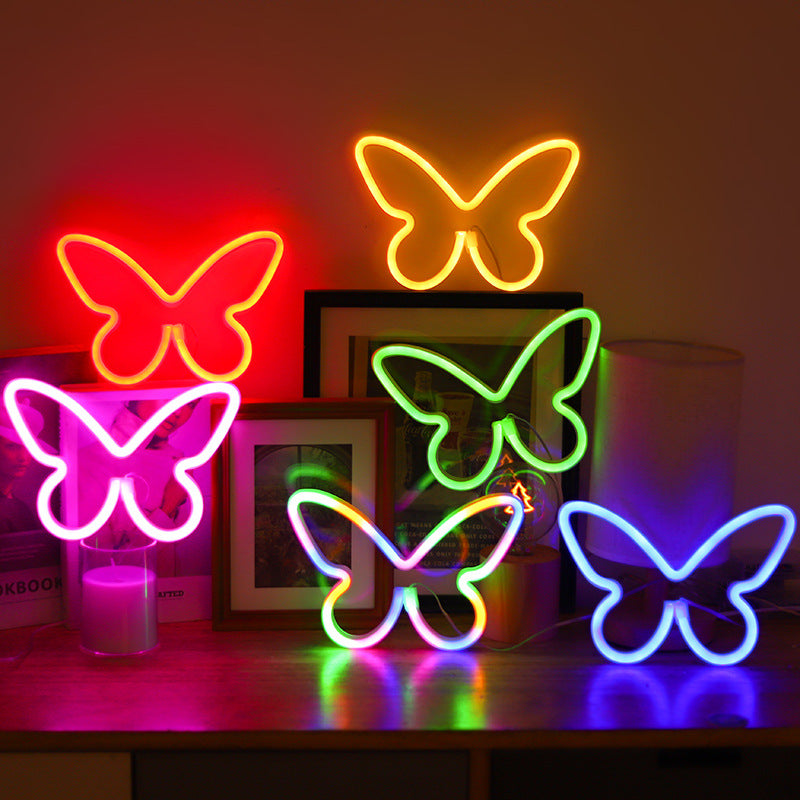 Lámpara de mesa LED con luz de neón y pantalla de mariposa Art Deco moderna para dormitorio 