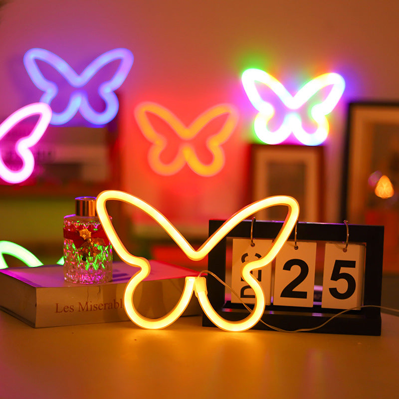Lámpara de mesa LED con luz de neón y pantalla de mariposa Art Deco moderna para dormitorio 