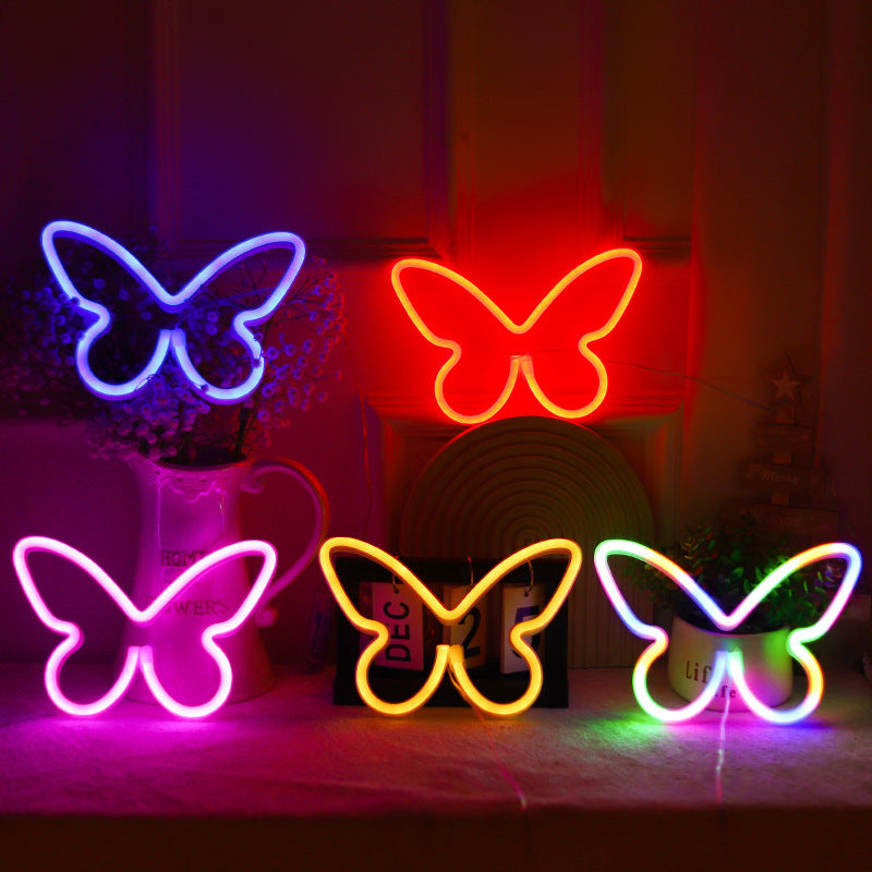 Lámpara de mesa LED con luz de neón y pantalla de mariposa Art Deco moderna para dormitorio 