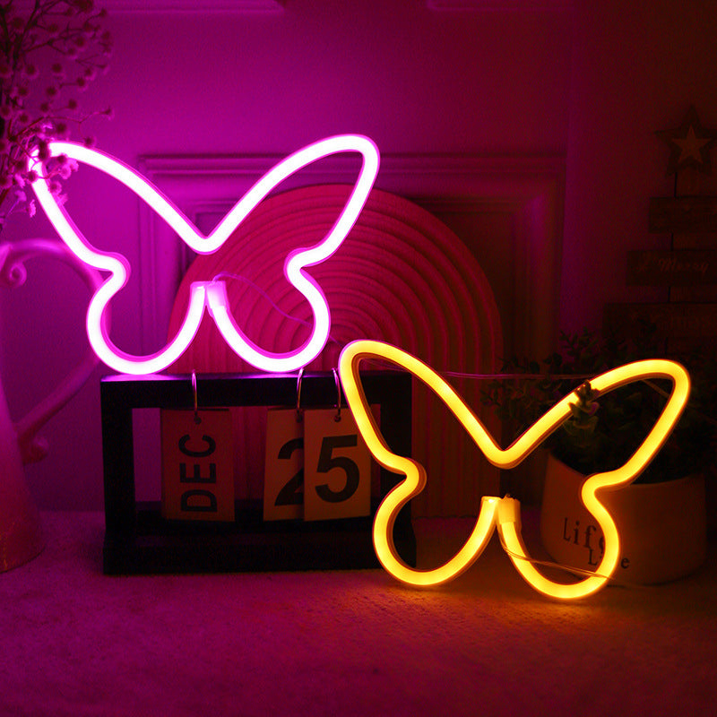 Lámpara de mesa LED con luz de neón y pantalla de mariposa Art Deco moderna para dormitorio 