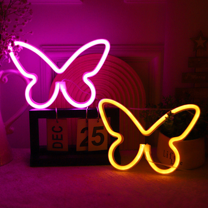 Lámpara de mesa LED con luz de neón y pantalla de mariposa Art Deco moderna para dormitorio 