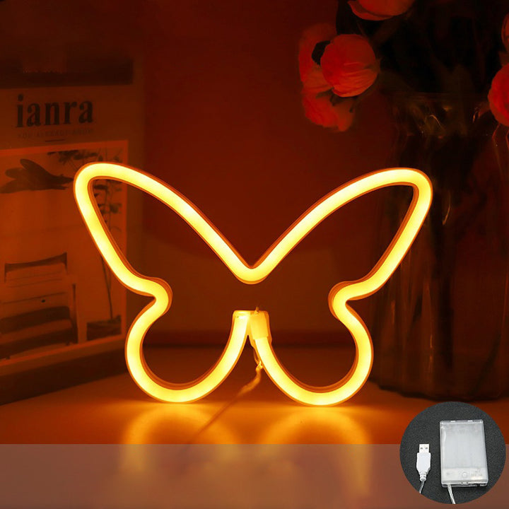 Lámpara de mesa LED con luz de neón y pantalla de mariposa Art Deco moderna para dormitorio 