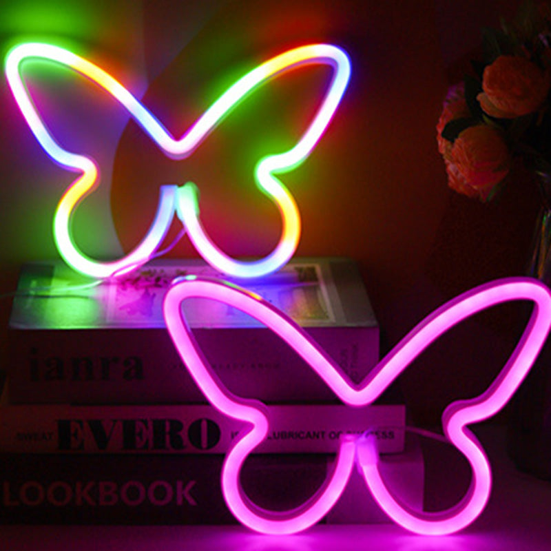 Lámpara de mesa LED con luz de neón y pantalla de mariposa Art Deco moderna para dormitorio 