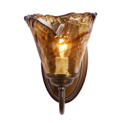 Lámpara de pared de 1 luz con pantalla de vidrio ámbar floral retro contemporáneo de cobre para dormitorio 