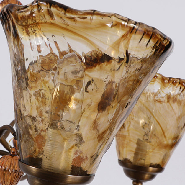 Traditioneller Vintage-Kronleuchter mit 8 Lichtern und Glasschirm im Vollkupferrahmen für das Wohnzimmer 