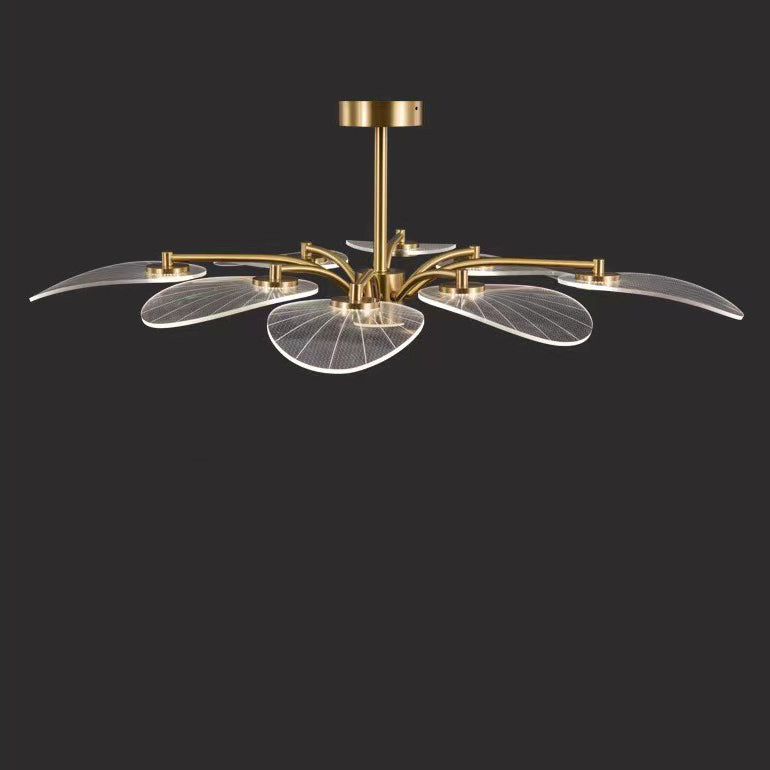 Contemporary Luxury Acrylic Leaves Texture Shade Golden Finish Frame LED Chandelier For Living Room