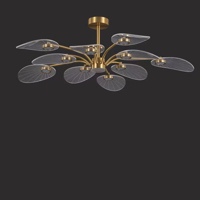 Contemporary Luxury Acrylic Leaves Texture Shade Golden Finish Frame LED Chandelier For Living Room