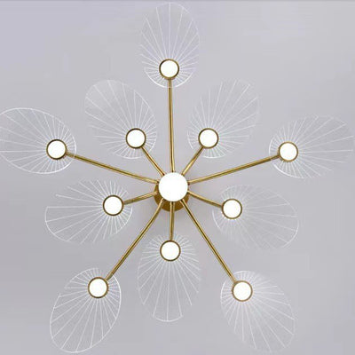 Contemporary Luxury Acrylic Leaves Texture Shade Golden Finish Frame LED Chandelier For Living Room