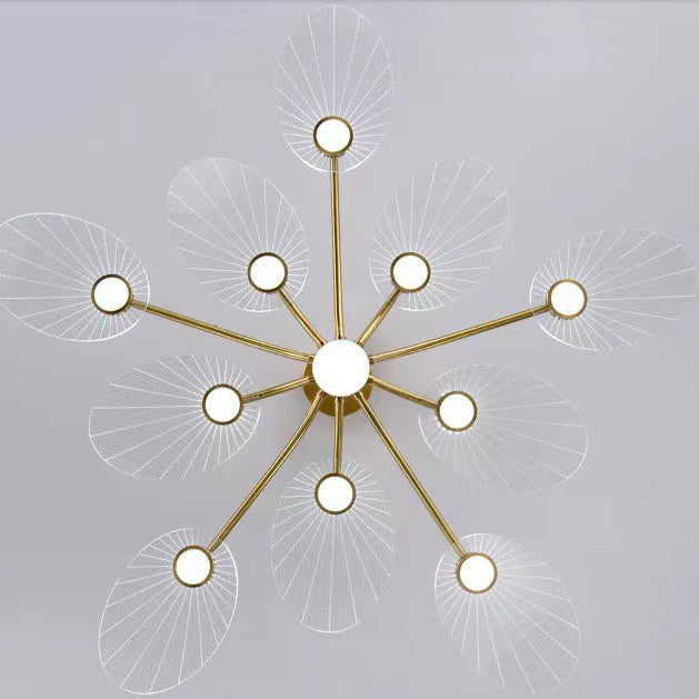 Contemporary Luxury Acrylic Leaves Texture Shade Golden Finish Frame LED Chandelier For Living Room