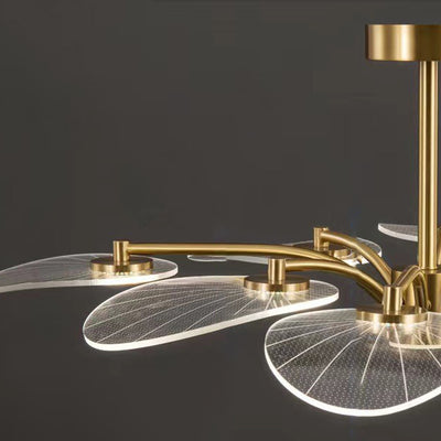 Contemporary Luxury Acrylic Leaves Texture Shade Golden Finish Frame LED Chandelier For Living Room