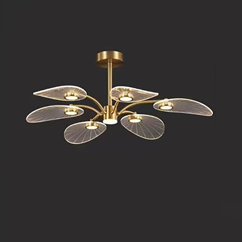 Contemporary Luxury Acrylic Leaves Texture Shade Golden Finish Frame LED Chandelier For Living Room