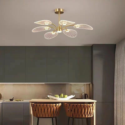 Contemporary Luxury Acrylic Leaves Texture Shade Golden Finish Frame LED Chandelier For Living Room