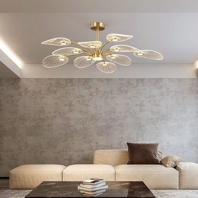 Contemporary Luxury Acrylic Leaves Texture Shade Golden Finish Frame LED Chandelier For Living Room