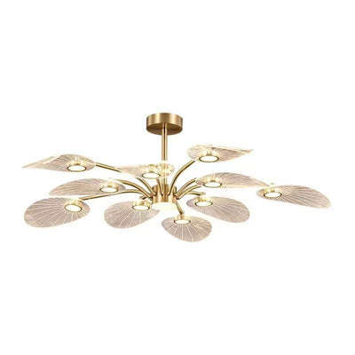 Contemporary Luxury Acrylic Leaves Texture Shade Golden Finish Frame LED Chandelier For Living Room