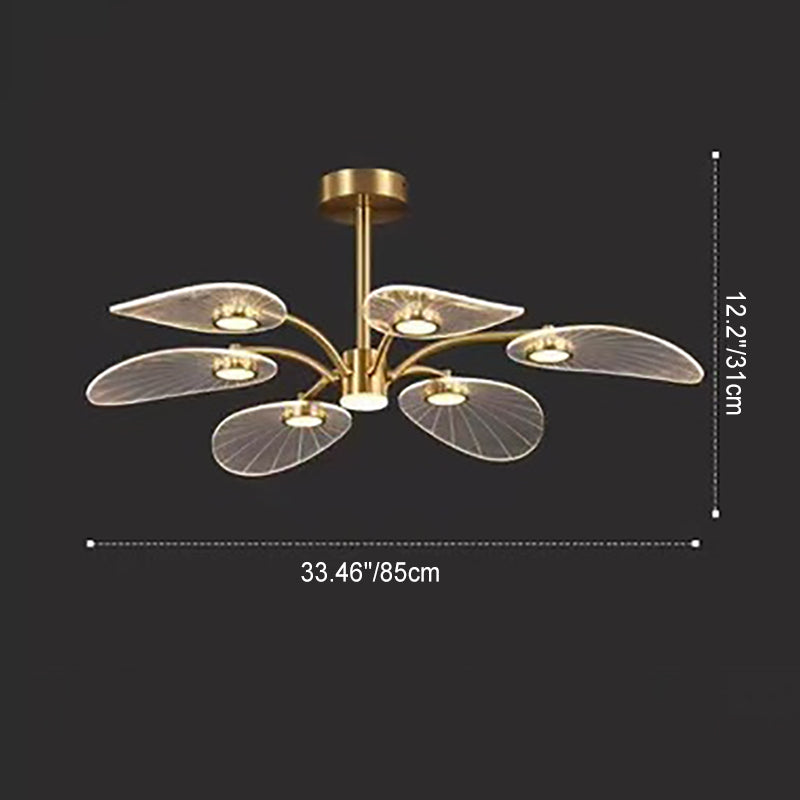 Contemporary Luxury Acrylic Leaves Texture Shade Golden Finish Frame LED Chandelier For Living Room