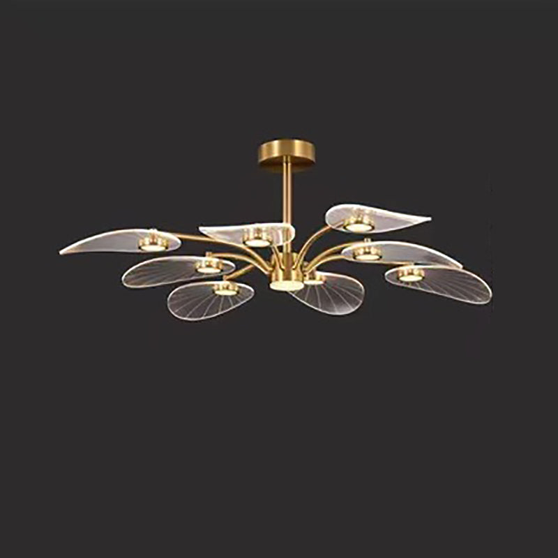 Contemporary Luxury Acrylic Leaves Texture Shade Golden Finish Frame LED Chandelier For Living Room