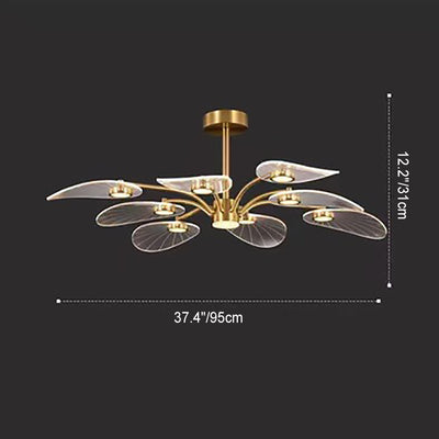 Contemporary Luxury Acrylic Leaves Texture Shade Golden Finish Frame LED Chandelier For Living Room